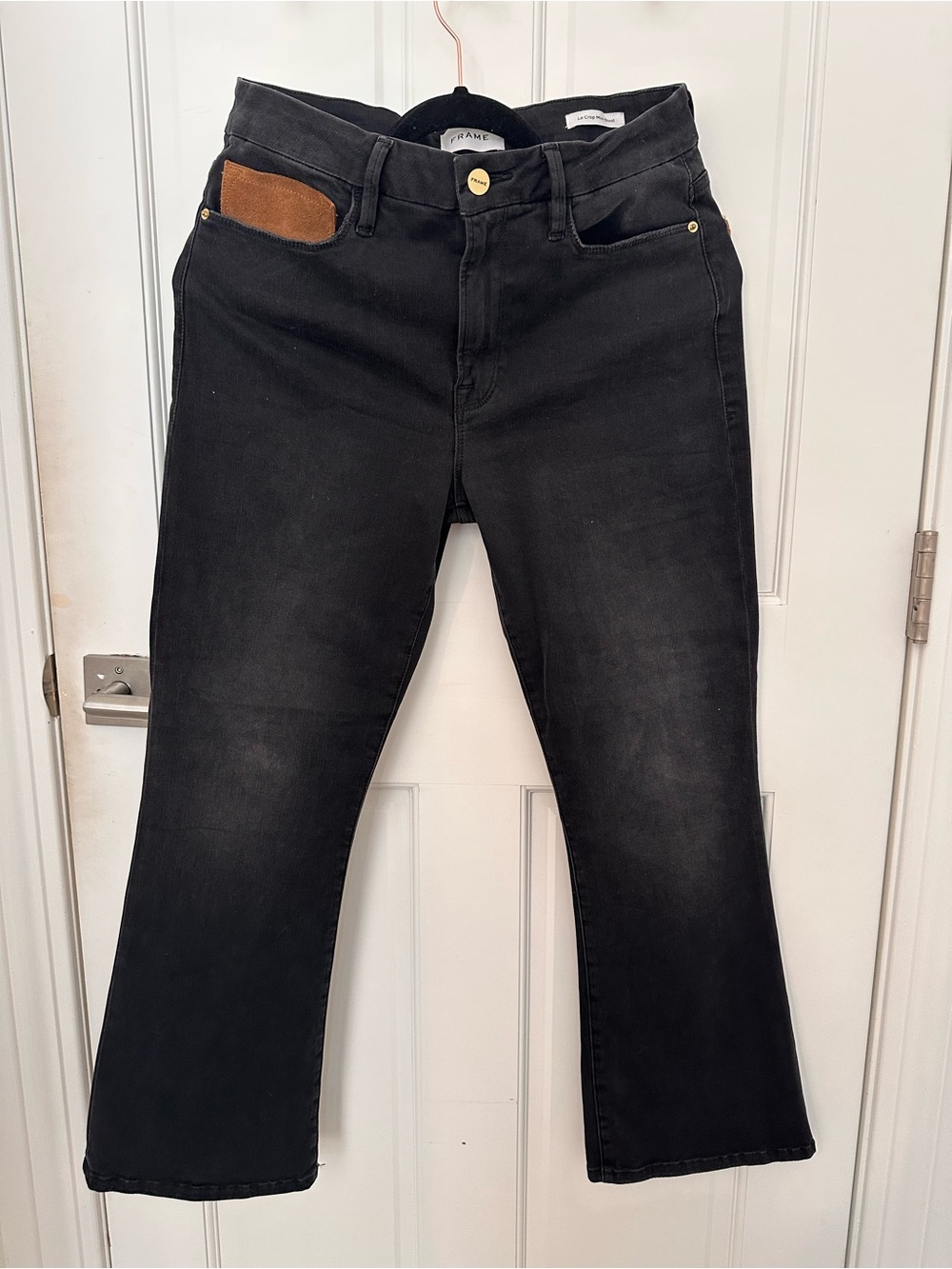 Frame Denim Black Flare Jeans with Tan Pocket Detail